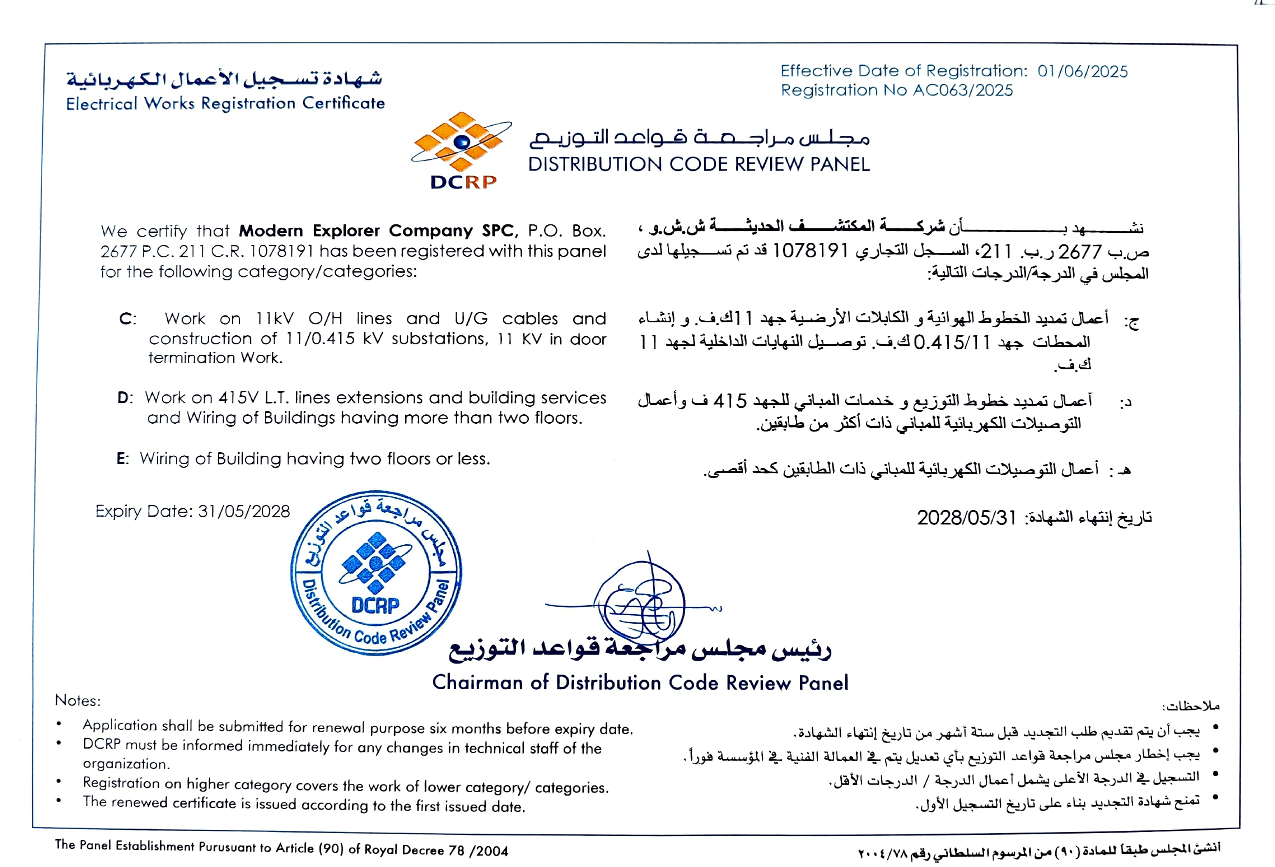 Certificate for DCRP Grade C Certification