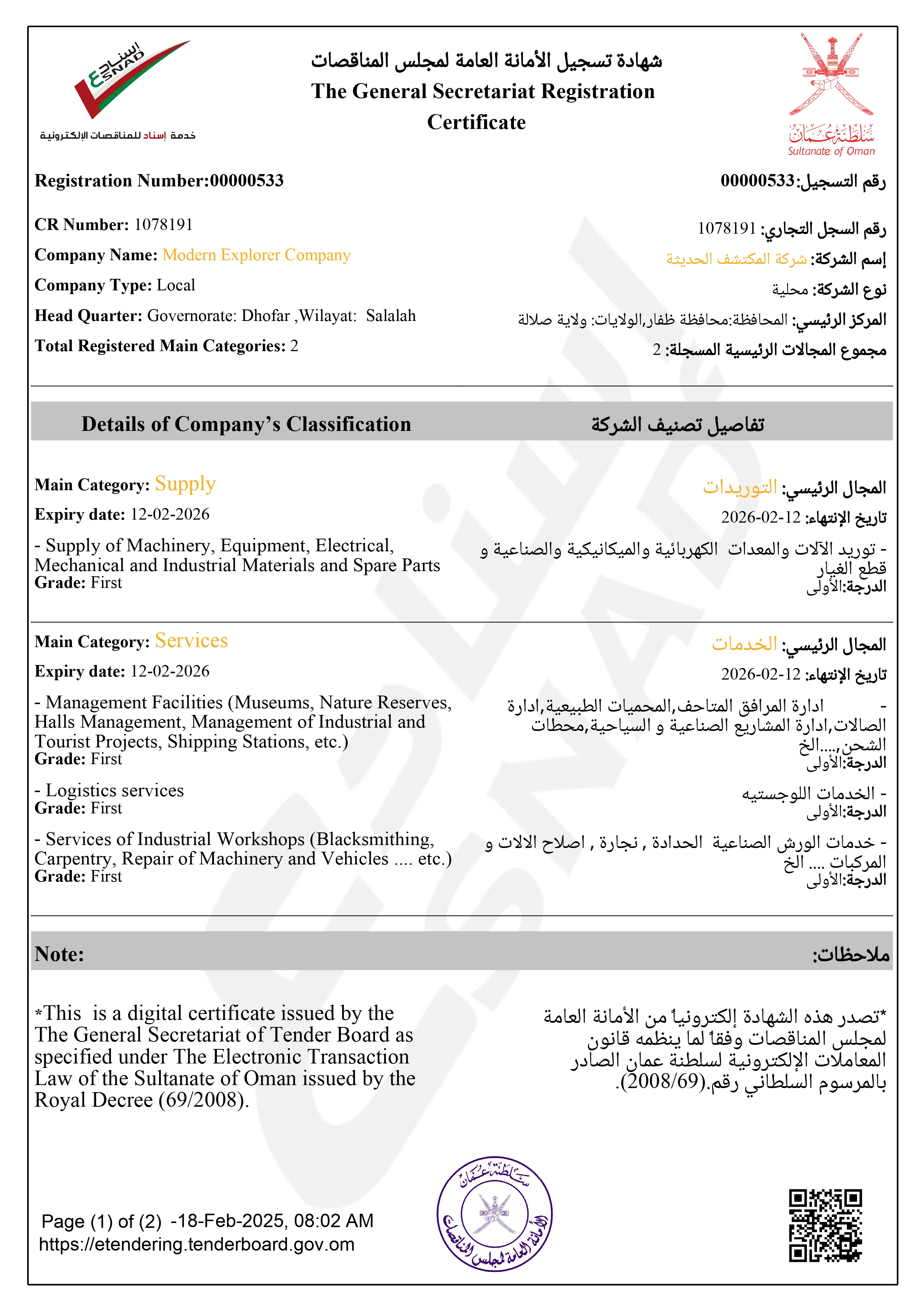 Certificate for Oman Tender Board Registration